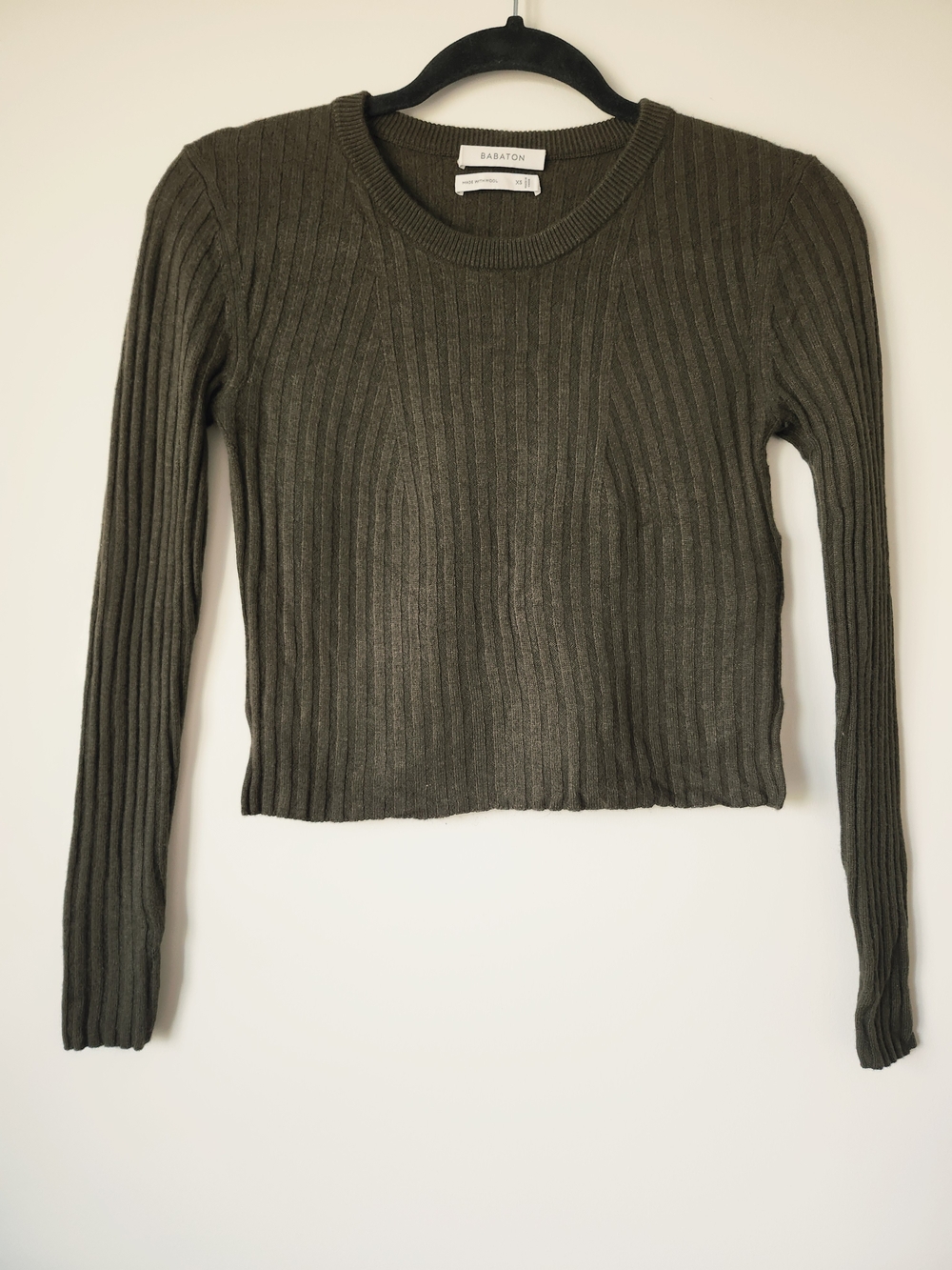 ARITZIA BABATON Olive Green Wool Linen Blend Ribbed Long-Sleeve Crewneck Top - Picture 2 of 7